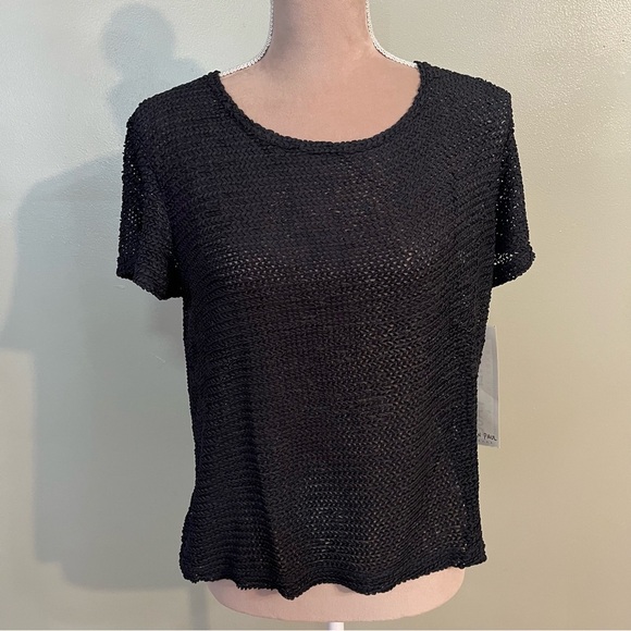Steven Paul Made In USA Black Knit Crochet Top Short Sleeves Size L NWT - Picture 1 of 8